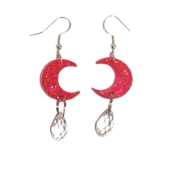 Hot Pink Glitter Moons with Crystal Tear Drops, Sterling Silver