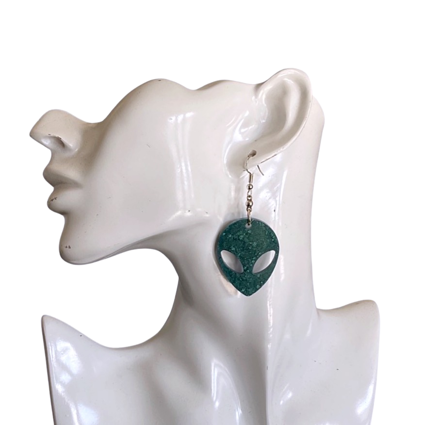 Metallic Forest Green Alien Head Earrings