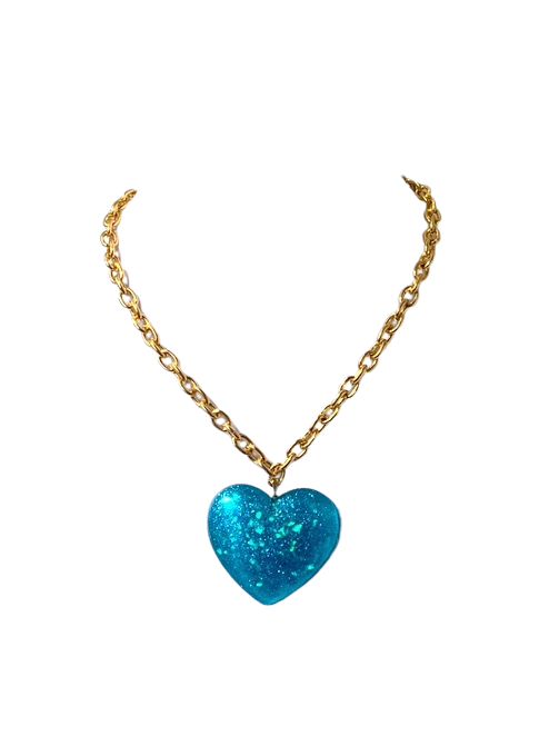 Big Blue Glitter Heart Pendant on thick lightweight Gold Aluminum Chain, 2”