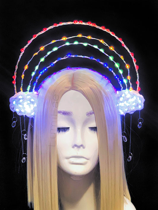 Glowing LED Rainbow Headpiece Crown with Clouds and Crystal Raindrops, Light Up - Experimental One-of-a-Kind Wearable Art