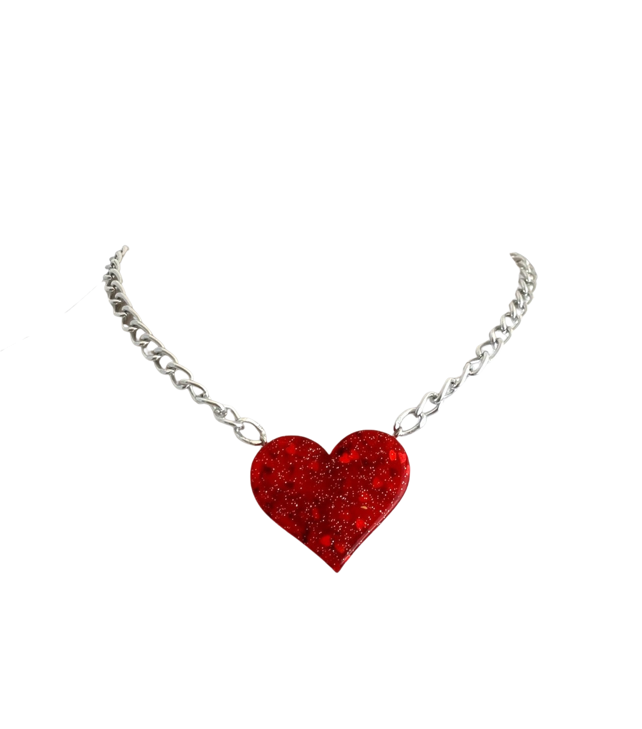 Ultra Sparkle Red Heart Choker, Silver Chain