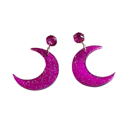Sparkly Purple Gem Moon Studs, Glitter, Earrings, Crescent