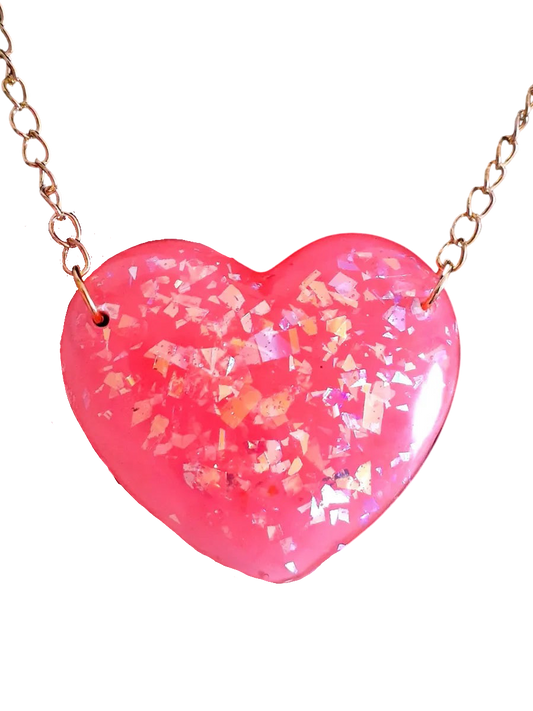 Pink Glitter Heart Necklace on Gold Plated Chain