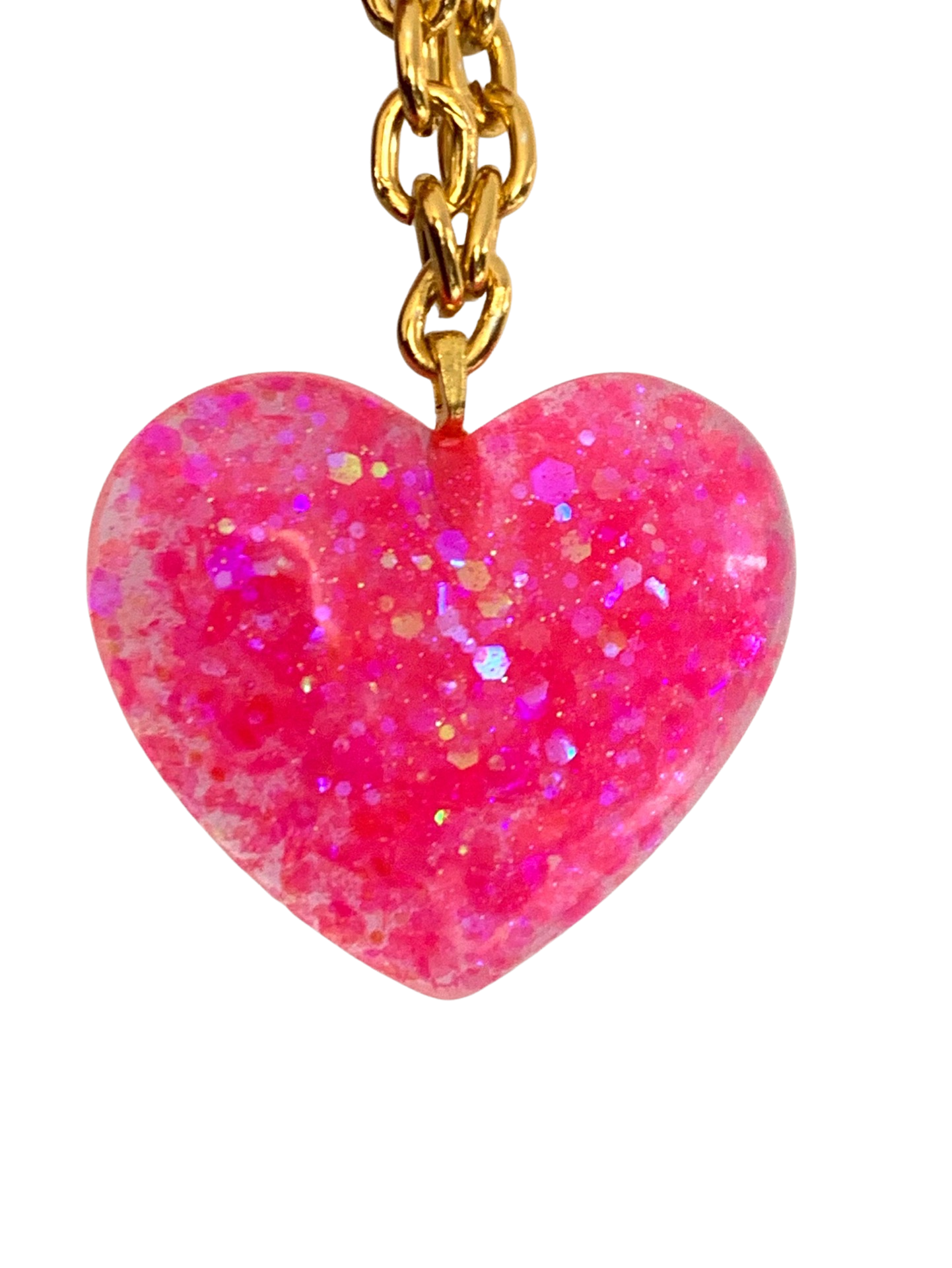 Big Pink Sparkly Heart Pendant on Lightweight Gold Aluminum Chain, 2” - flawed