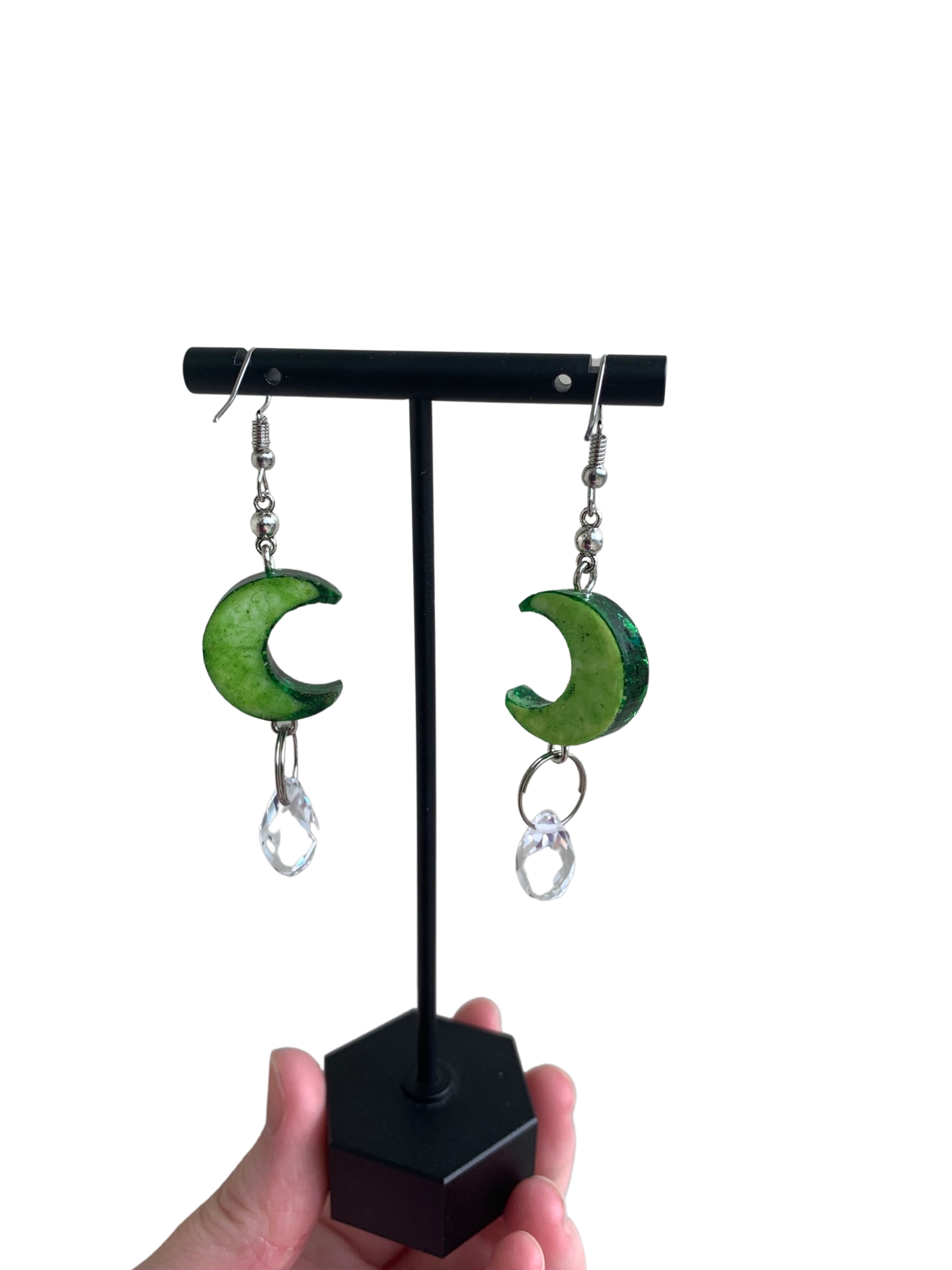 Spring Green Sparkle Moon Crystal Teardrop Earrings