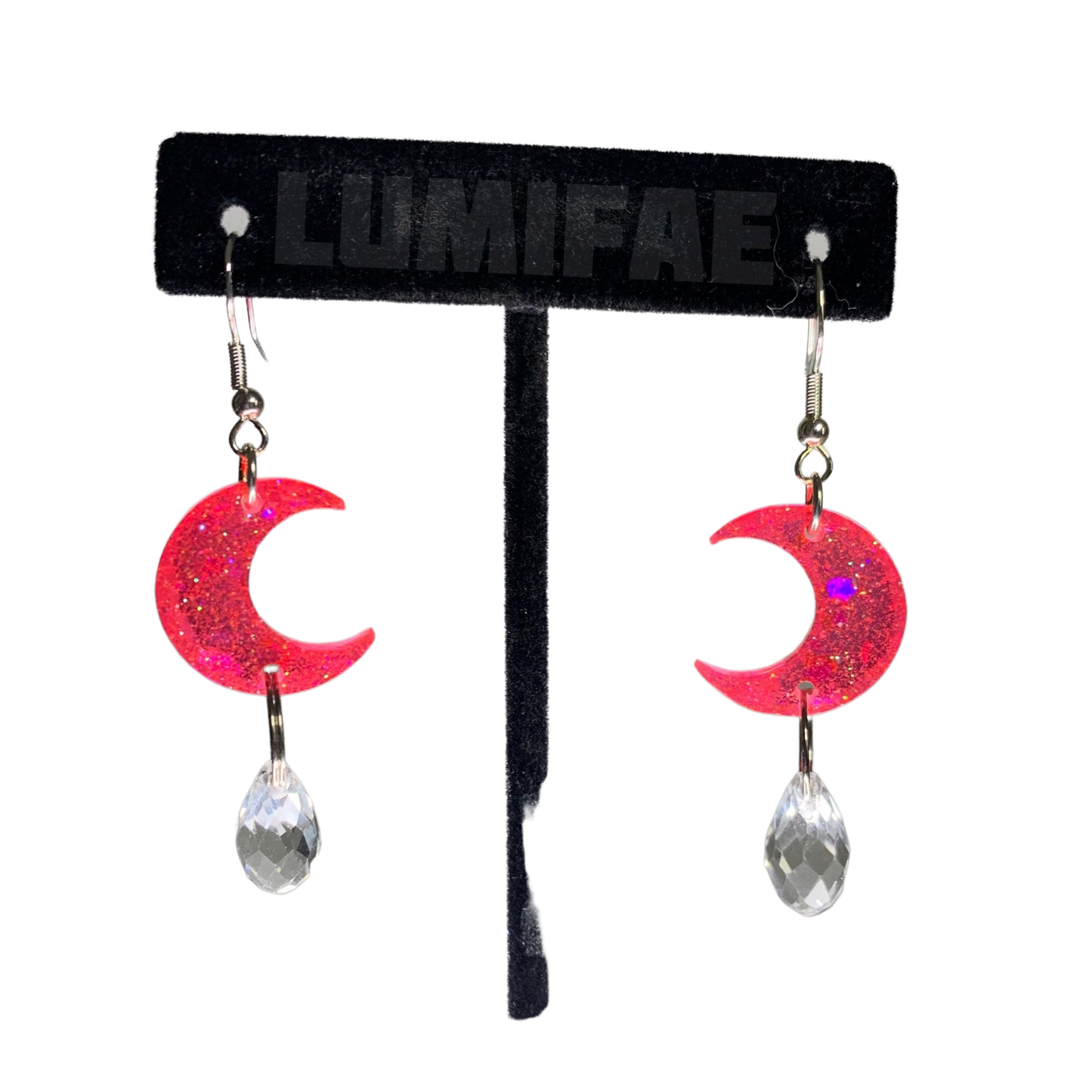 Hot Pink Glitter Moons with Crystal Tear Drops, Sterling Silver