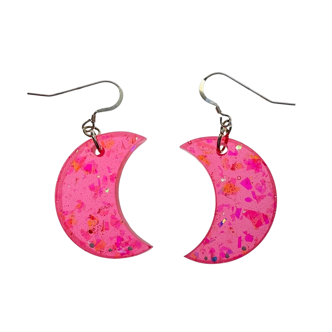 Pink Glitter Crescent Moon Earrings, Sterling Silver