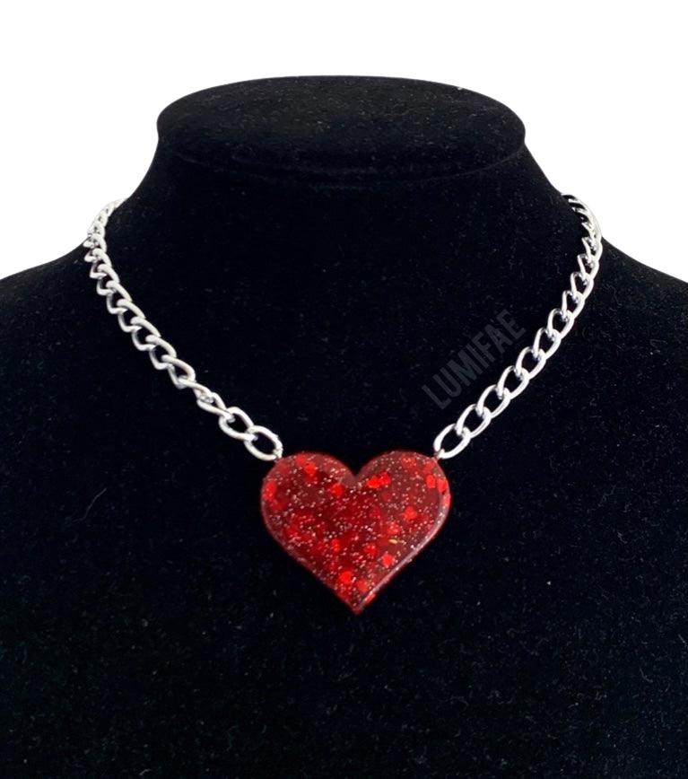 Ultra Sparkle Red Heart Choker, Silver Chain