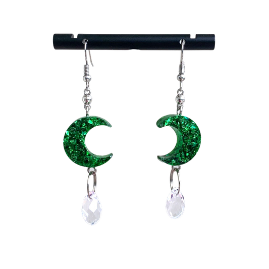 Green Sparkle Moon Crystal Teardrop Earrings