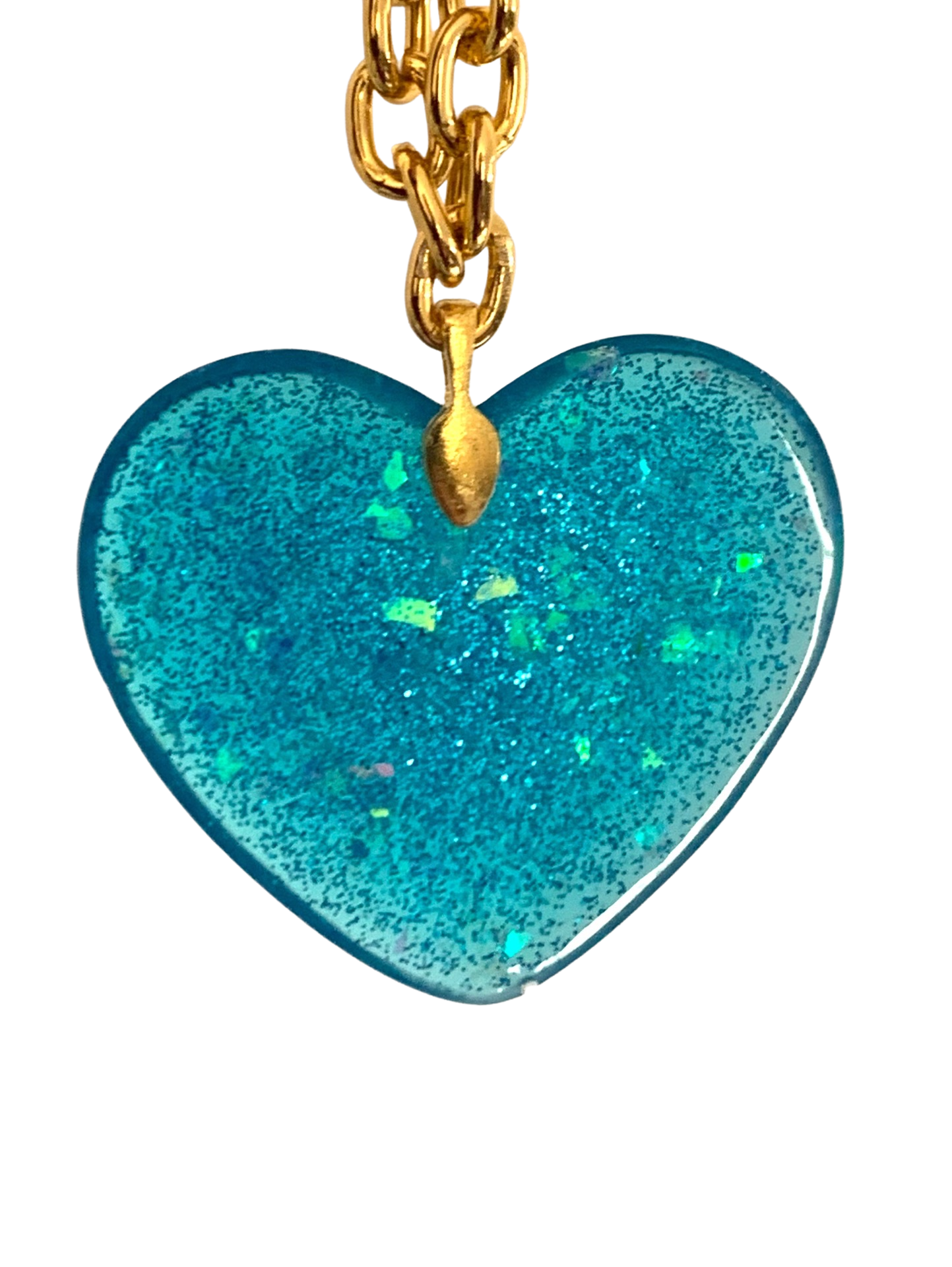 Big Blue Glitter Heart Pendant on thick lightweight Gold or Silver Chain
