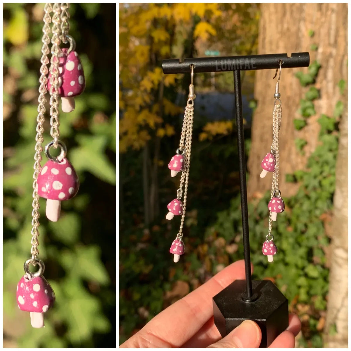Mushroom Cascade Earrings, tiny Purple Spotted Mushrooms